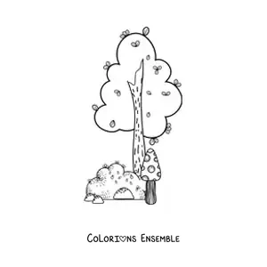 Image à colorier d’un arbre à côté d’un buisson
