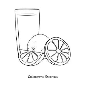 Image à colorier d'un verre de jus d'orange à côté de rondelles d'orange