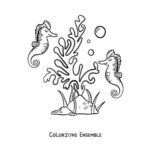 Image à colorier d’algues et de deux hippocampes