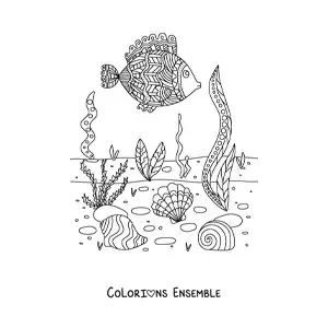 Image à colorier du fond marin avec des algues et un poisson