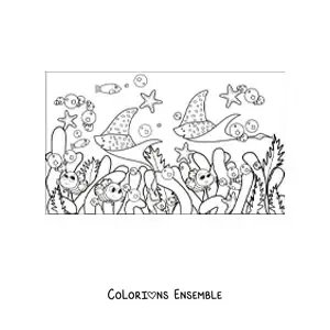 Image à colorier de plusieurs algues et poissons animés