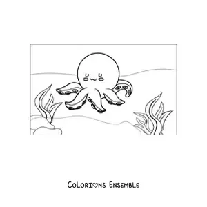 Image à colorier d’une pieuvre kawaii avec des algues dans la mer