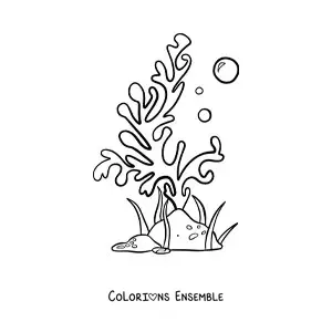 Image à colorier d’une algue marine avec deux bulles à côté d’un rocher