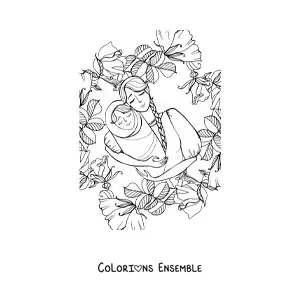 Image à colorier d’une maman avec son bébé entourée de fleurs