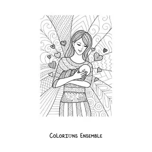 Image à colorier d’une mère tenant son bébé dans ses bras