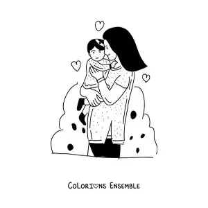 Image à colorier d’une maman tenant son bébé dans ses bras