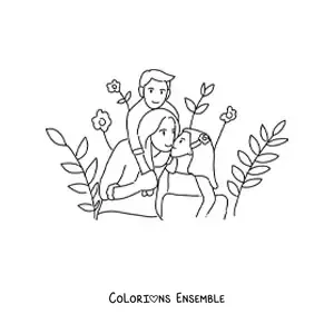 Image à colorier d’une maman et de ses deux enfants
