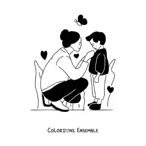 Image à colorier d’une maman habillant son enfant
