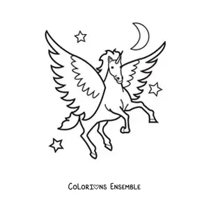 Image à colorier d’une licorne ailée en dessin animé volant la nuit avec des étoiles en arrière-plan