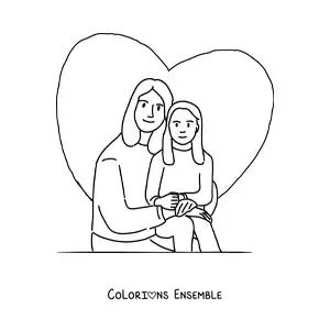 Image à colorier d’une maman et de sa fille avec un cœur en arrière-plan