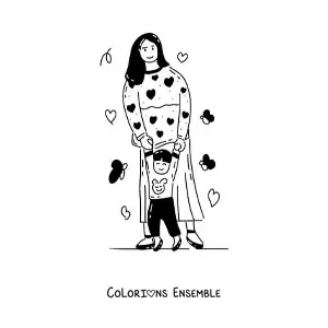 Image à colorier d’une maman apprenant à marcher à son enfant