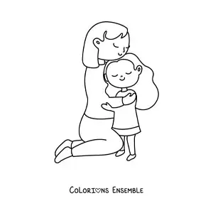 Image à colorier d’une maman et de sa fille enlacées