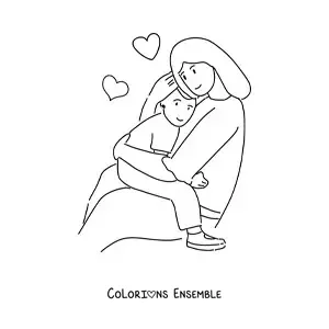Image à colorier d’une maman câlinant son enfant