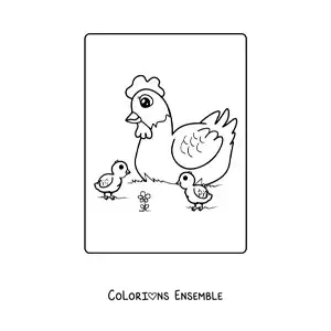 Image à colorier d’une maman poule avec ses poussins