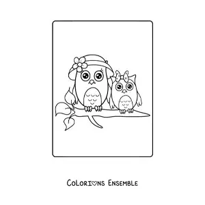 Image à colorier d’une maman hibou avec son petit