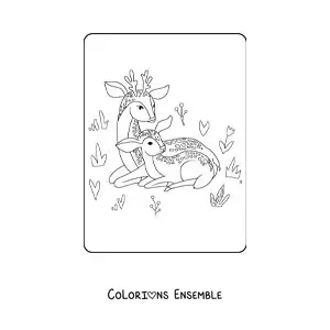 Image à colorier d’une maman cerf avec son faon