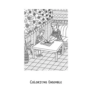 Image à colorier d’une maman faisant le ménage avec son enfant