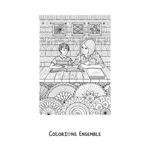Image à colorier d’une maman faisant les devoirs avec son enfant