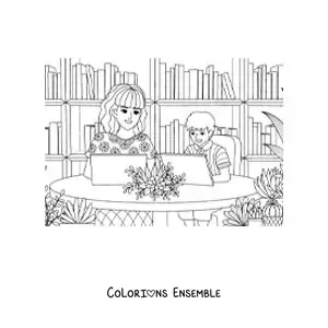 Image à colorier d’une maman utilisant l’ordinateur avec son enfant