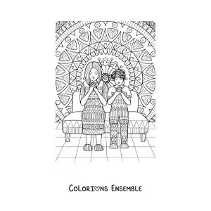 Image à colorier d’une maman priant avec son enfant