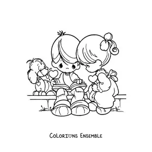 Image à colorier d’un couple d’enfants à la Saint-Valentin