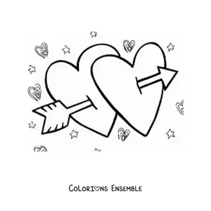 Image à colorier de deux cœurs transpercés de flèches