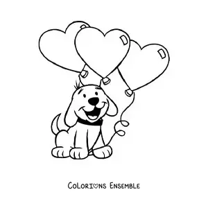 Image à colorier d'un chien animé avec trois ballons en forme de cœur