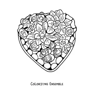 Image à colorier d'une boîte de chocolats avec des fleurs de la Saint-Valentin