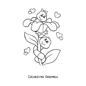 Image à colorier de deux petites chenilles amoureuses posées sur une fleur
