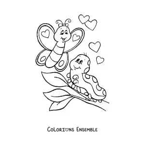 Image à colorier d'une chenille et d'un papillon amoureux