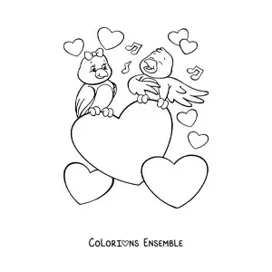 Image à colorier d'un couple d'oiseaux entouré de cœurs