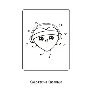 Image à colorier d'un cœur kawaii animé qui écoute de la musique