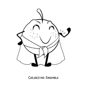 Image à colorier d'une orange rigolote habillée avec une cape de super-héros