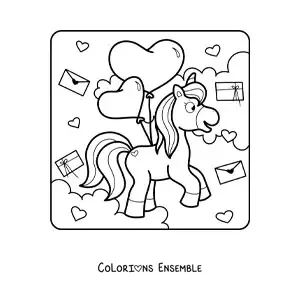 Image à colorier d'une licorne avec des ballons et des cartes de la Saint-Valentin