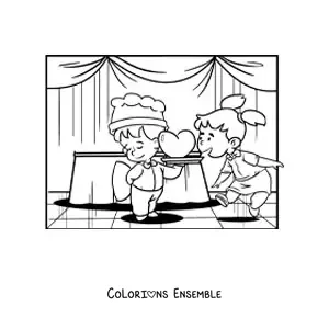Image à colorier de deux enfants lors d'un dîner cadeau de la Saint-Valentin