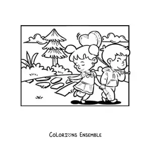 Image à colorier de deux enfants lors d'un rendez-vous de la Saint-Valentin