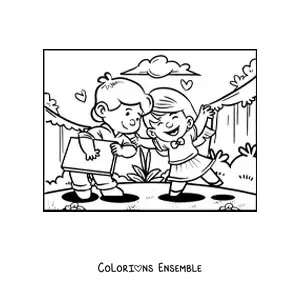 Image à colorier d'un couple d'enfants avec un cadeau de la Saint-Valentin