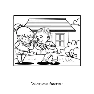 Image à colorier d'un couple d'enfants avec des cœurs de la Saint-Valentin