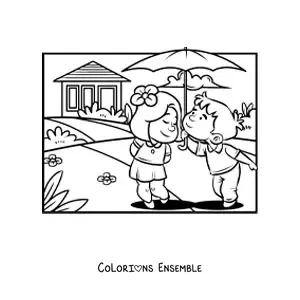 Image à colorier d'un couple d'enfants lors d'un rendez-vous romantique