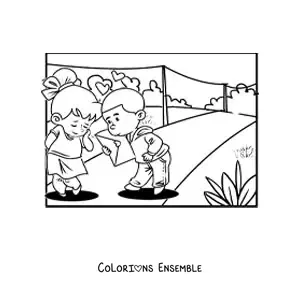 Image à colorier d'un couple d'enfants avec une carte de la Saint-Valentin