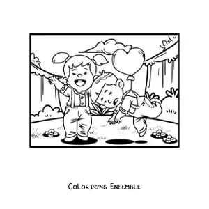 Image à colorier d'un couple d'enfants lors d'un rendez-vous amusant de la Saint-Valentin