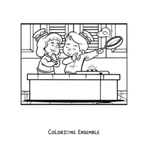 Image à colorier d'un couple d'enfants lors d'un petit-déjeuner de la Saint-Valentin