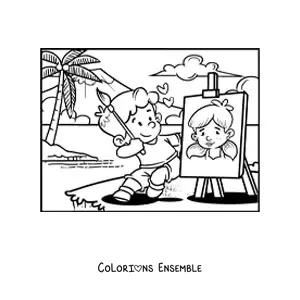 Image à colorier d'un garçon qui peint un portrait de la Saint-Valentin