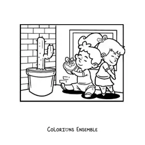 Image à colorier de deux enfants amoureux à la Saint-Valentin