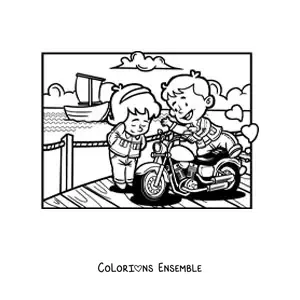 Image à colorier d'un couple d'enfants lors d'un rendez-vous romantique sur le quai