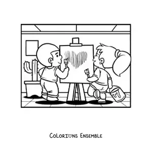 Image à colorier d'un couple d'enfants qui peignent à la Saint-Valentin