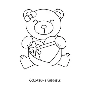 Image à colorier d'un ours avec un cadeau de la Saint-Valentin