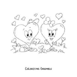 Image à colorier de deux cœurs animés à la Saint-Valentin