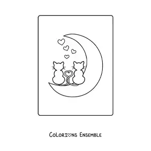 Image à colorier de deux chats amoureux posés sur la Lune