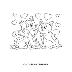 Image à colorier de deux chats amoureux à la Saint-Valentin